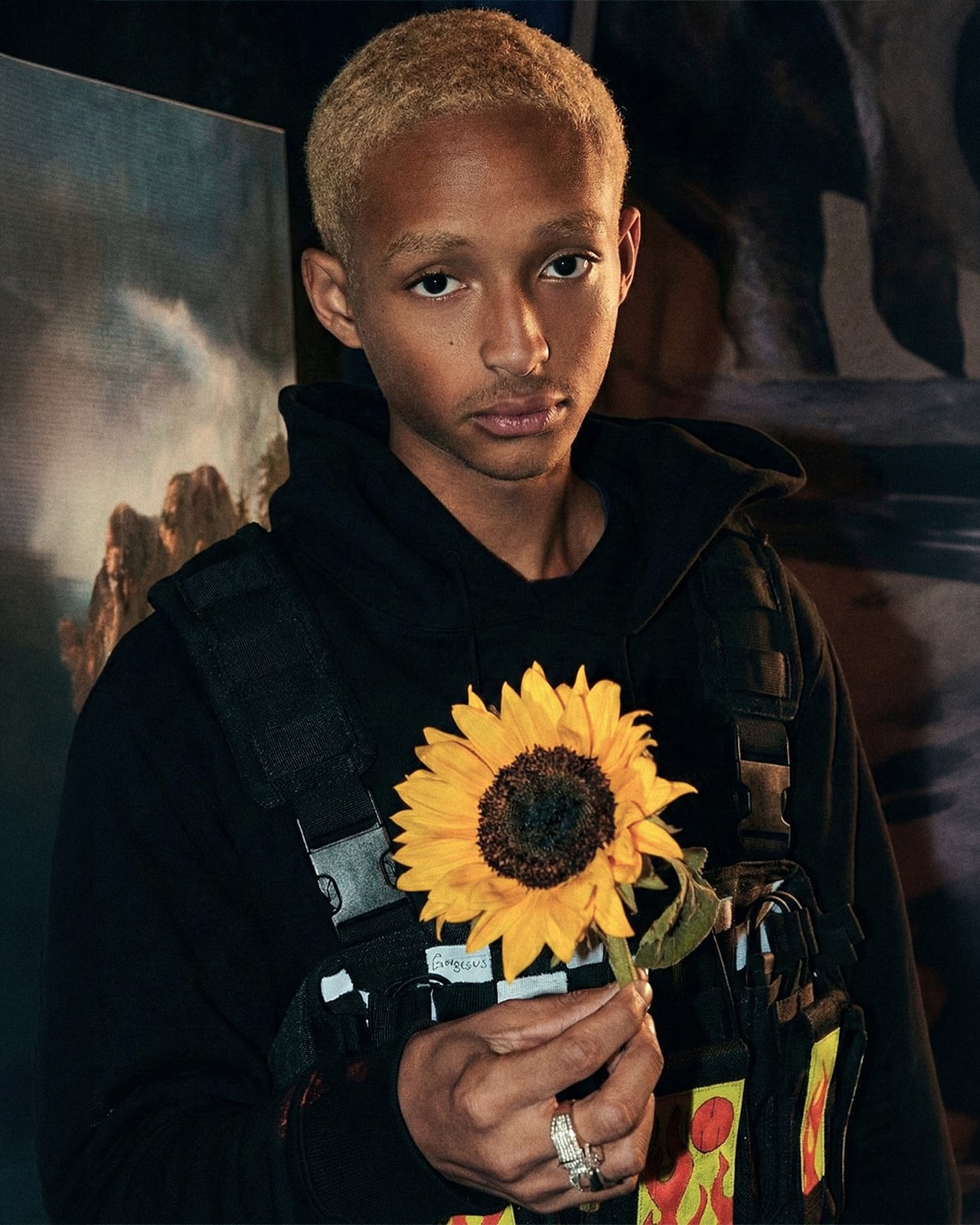 Jaden Smith holding a sunflower at Hypefest in New York, photographed by Javier Falcón