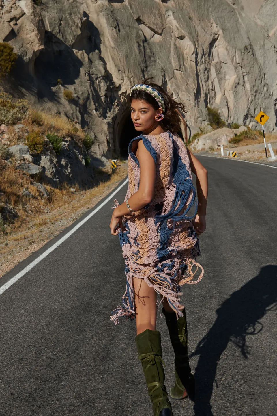 Fashion editorial on a mountain road in the Colca, Arequipa, with a crochet dress — Ayni campaign by Javier Falcón