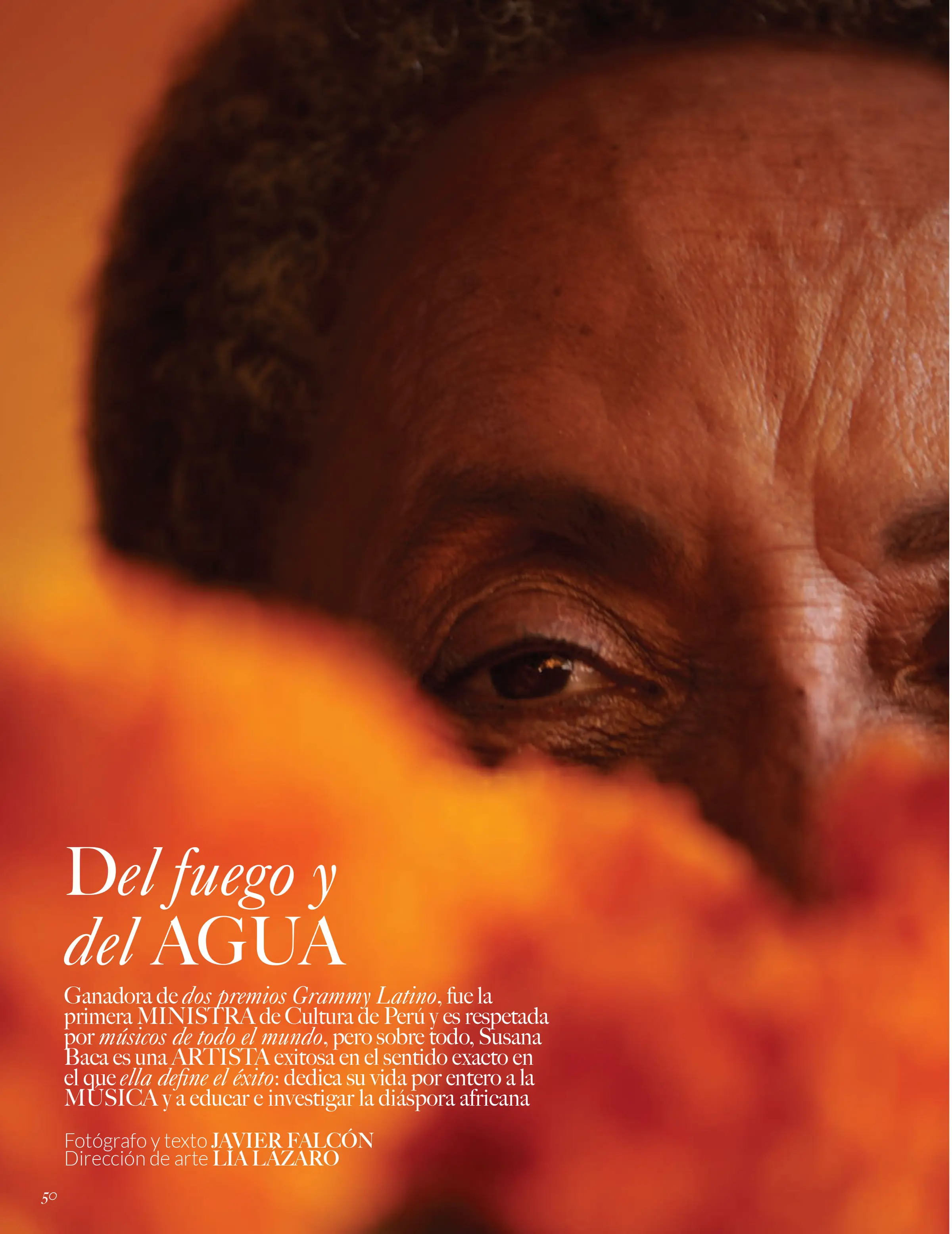 Opening spread of Susana Baca's editorial 'Del fuego y del agua' for Vogue México y Latinoamérica, photographed by Javier Falcón